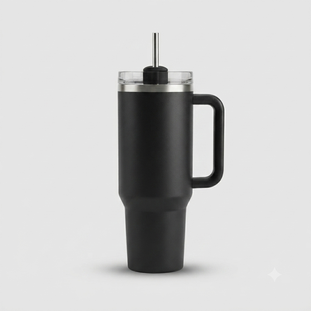 1200ml black insulated tumbler with straw lid and handle on a plain background