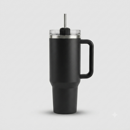 1200ml black insulated tumbler with straw lid and handle on a plain background