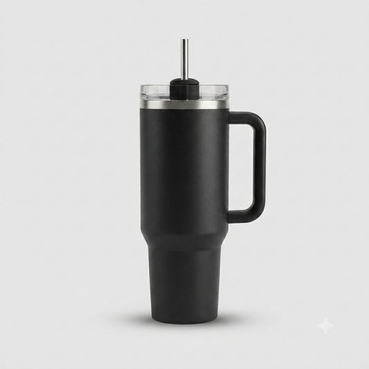 1200ml black insulated tumbler with straw lid and handle on a plain background