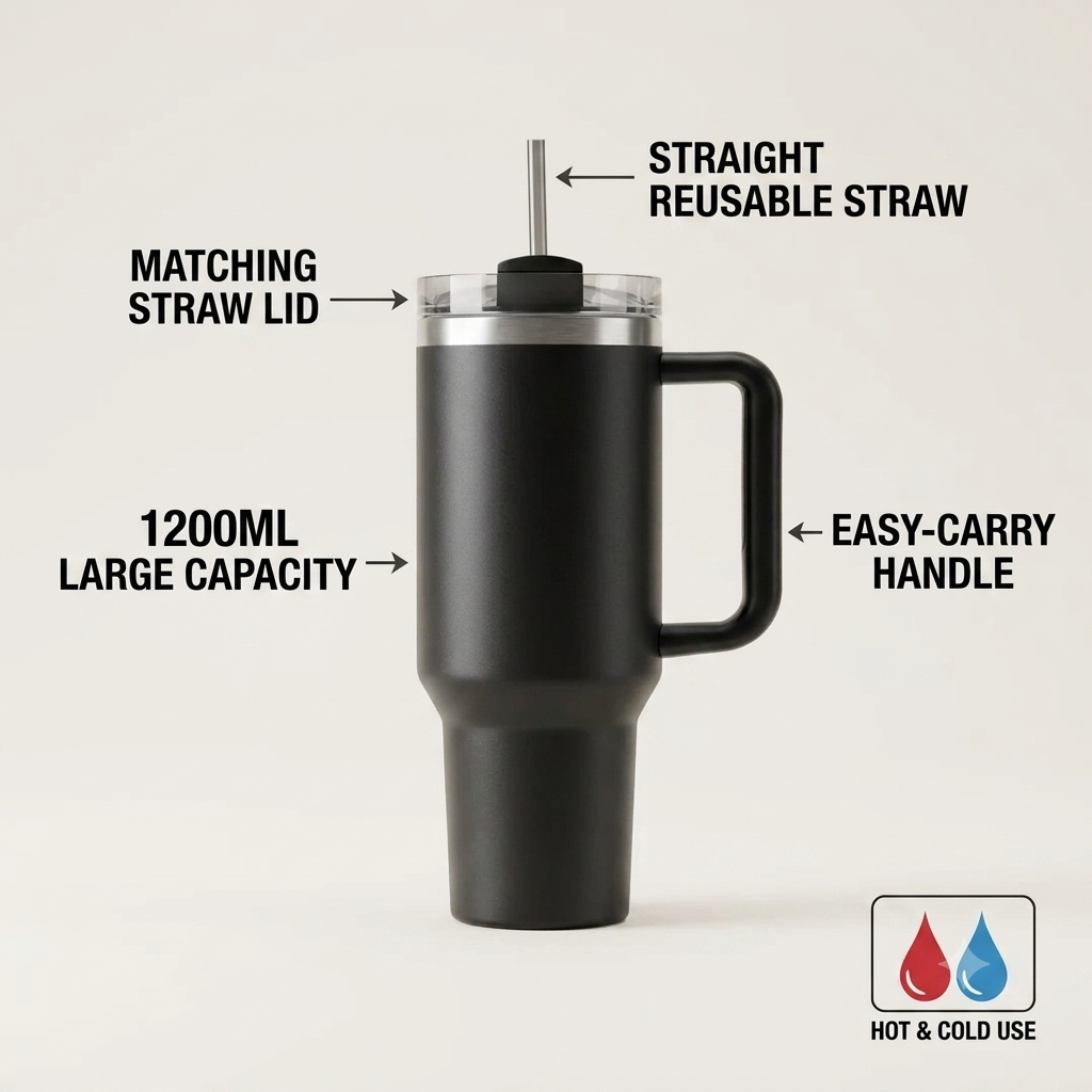 Black 1200ml insulated tumbler feature callouts: reusable straw, matching straw lid, large capacity, easy-carry handle, hot and cold use