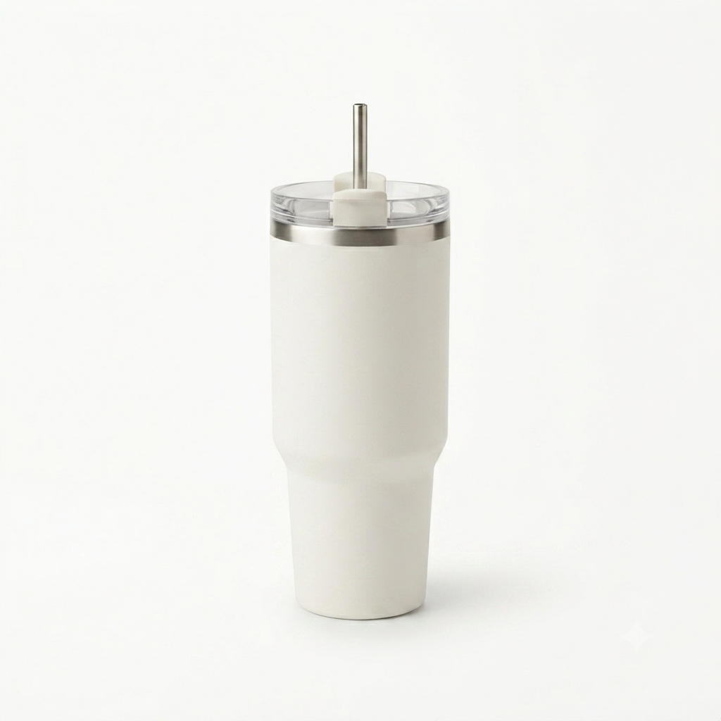 1200ml white insulated tumbler with straw lid and handle on a plain background