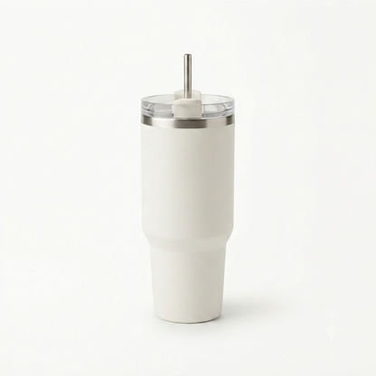 1200ml white insulated tumbler with straw lid and handle on a plain background