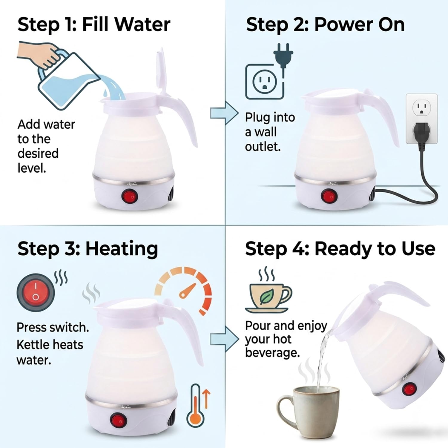 Step-by-step guide to using the white electric foldable kettle