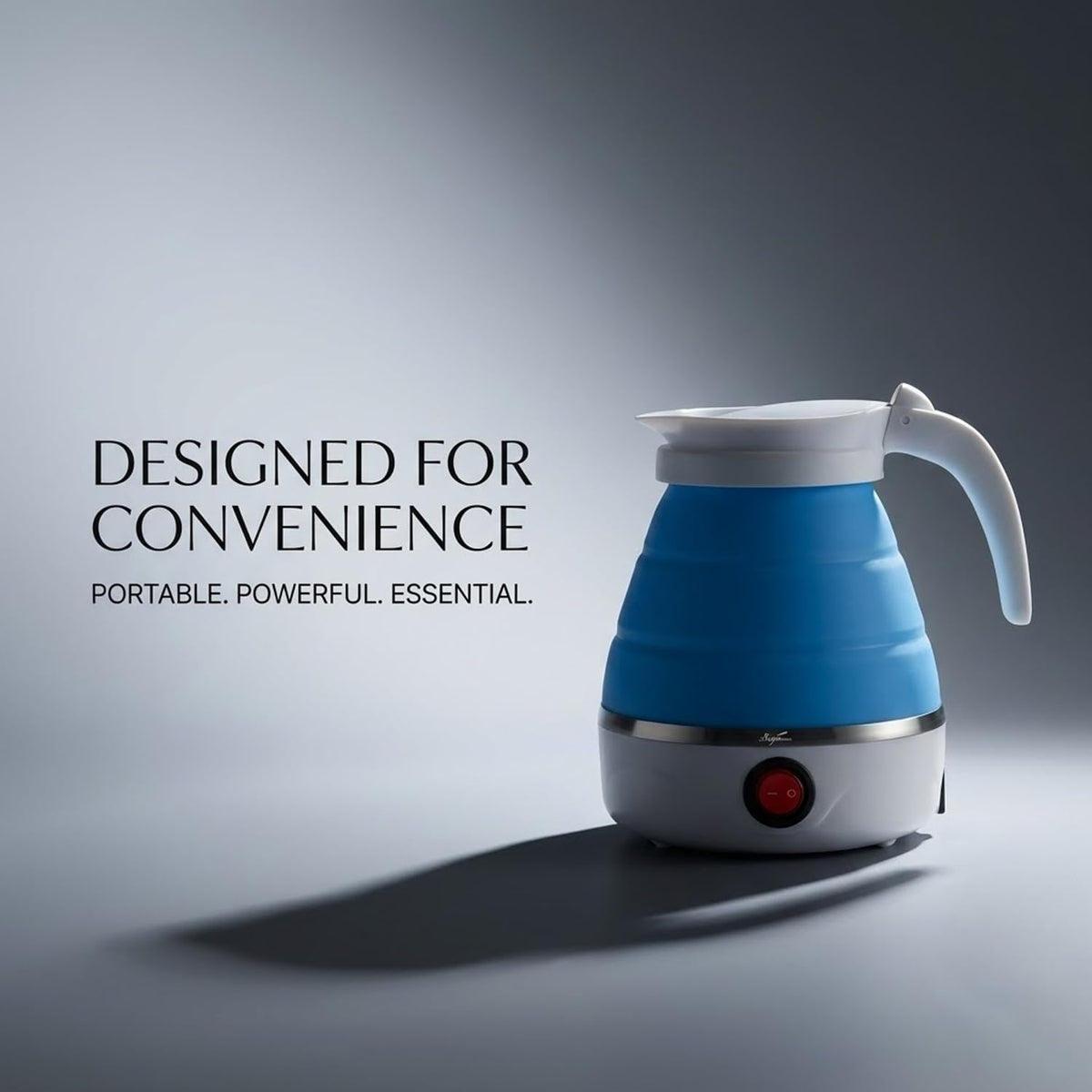 Blue electric foldable kettle studio shot with Designed for Convenience tagline