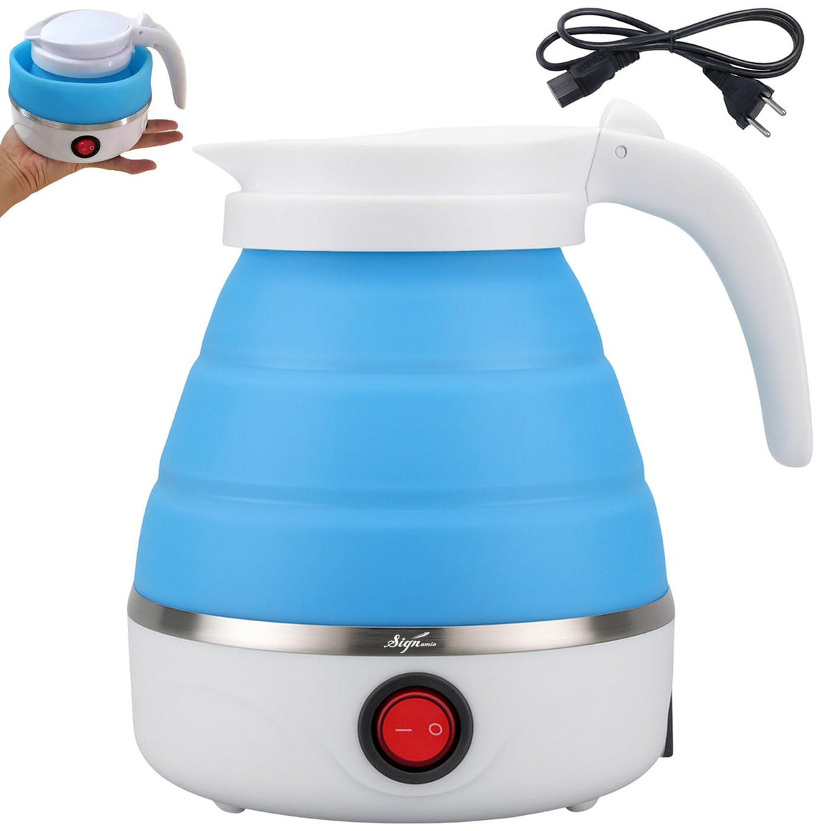Blue electric foldable kettle folded in hand with power cord shown