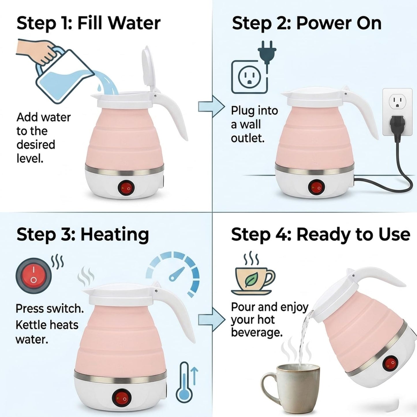 Pink electric foldable kettle folded flat compared to extended position