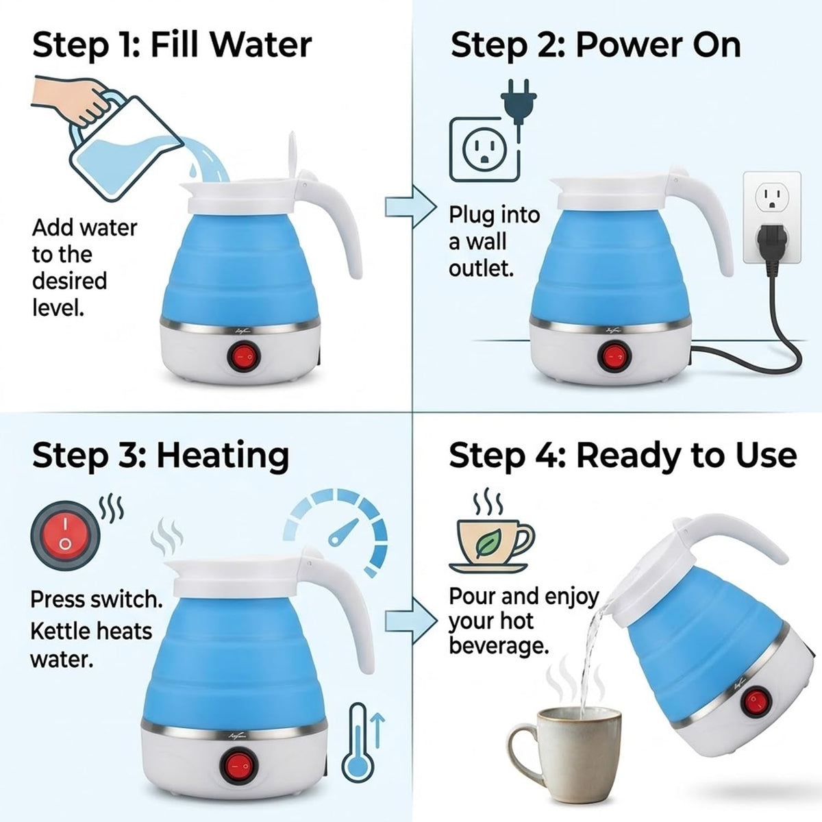 Step-by-step guide to using the blue electric foldable kettle