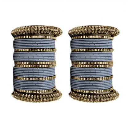 Golden Bliss Oxidized Kada and Mirror Bangles Ensemble with Dotted Metal Bangles" (Set of 2)