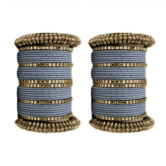 Golden Bliss Oxidized Kada and Mirror Bangles Ensemble with Dotted Metal Bangles" (Set of 2)