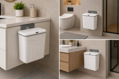 Wall mount dustbin with lid closed, studio shot