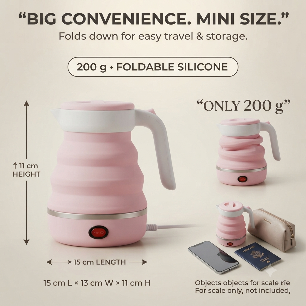 Pink foldable kettle folded size shown next to a phone and passport for scale
