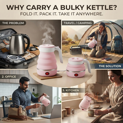 Pink foldable kettle collage comparing a bulky kettle to the compact folded kettle, shown used while camping, at the office, and in the kitchen