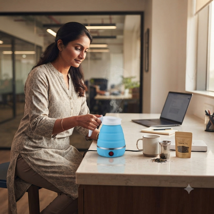 Blue electric foldable kettle in use at an office desk