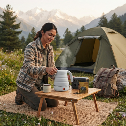 White electric foldable kettle in use outdoors at a campsite, connected to a portable power station near a tent