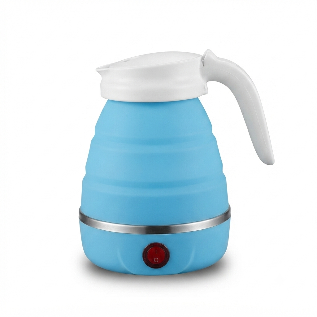 Blue electric foldable kettle on a plain background