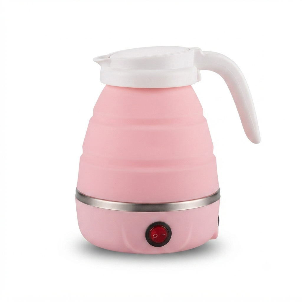 Pink electric foldable kettle on a plain white background