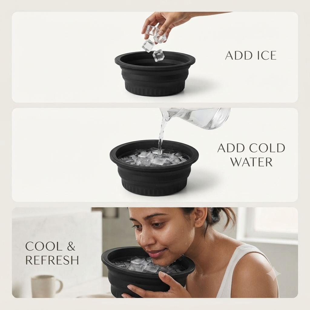 Step-by-step graphic showing ice cubes and water being added to the silicone ice face bowl