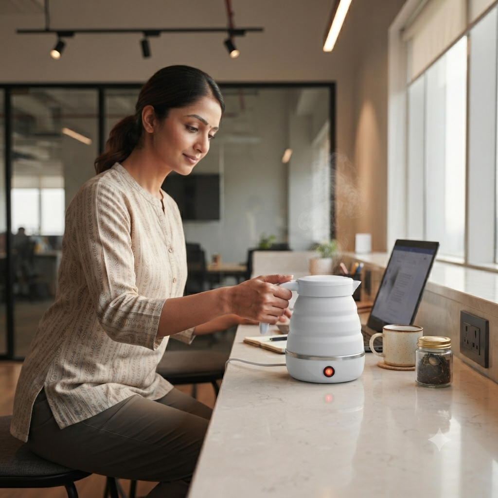 White electric foldable kettle plugged in and in use on an office desk beside a laptop