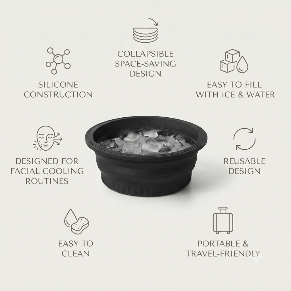 Feature graphic highlighting the bowl's silicone construction, collapsible space-saving design, and use for facial cooling routines