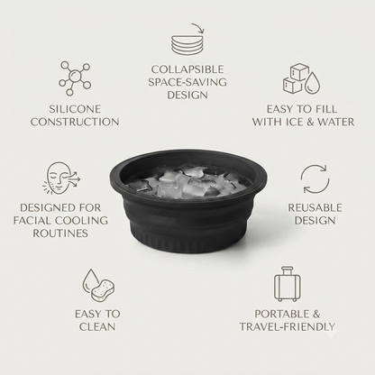 Feature graphic highlighting the bowl's silicone construction, collapsible space-saving design, and use for facial cooling routines