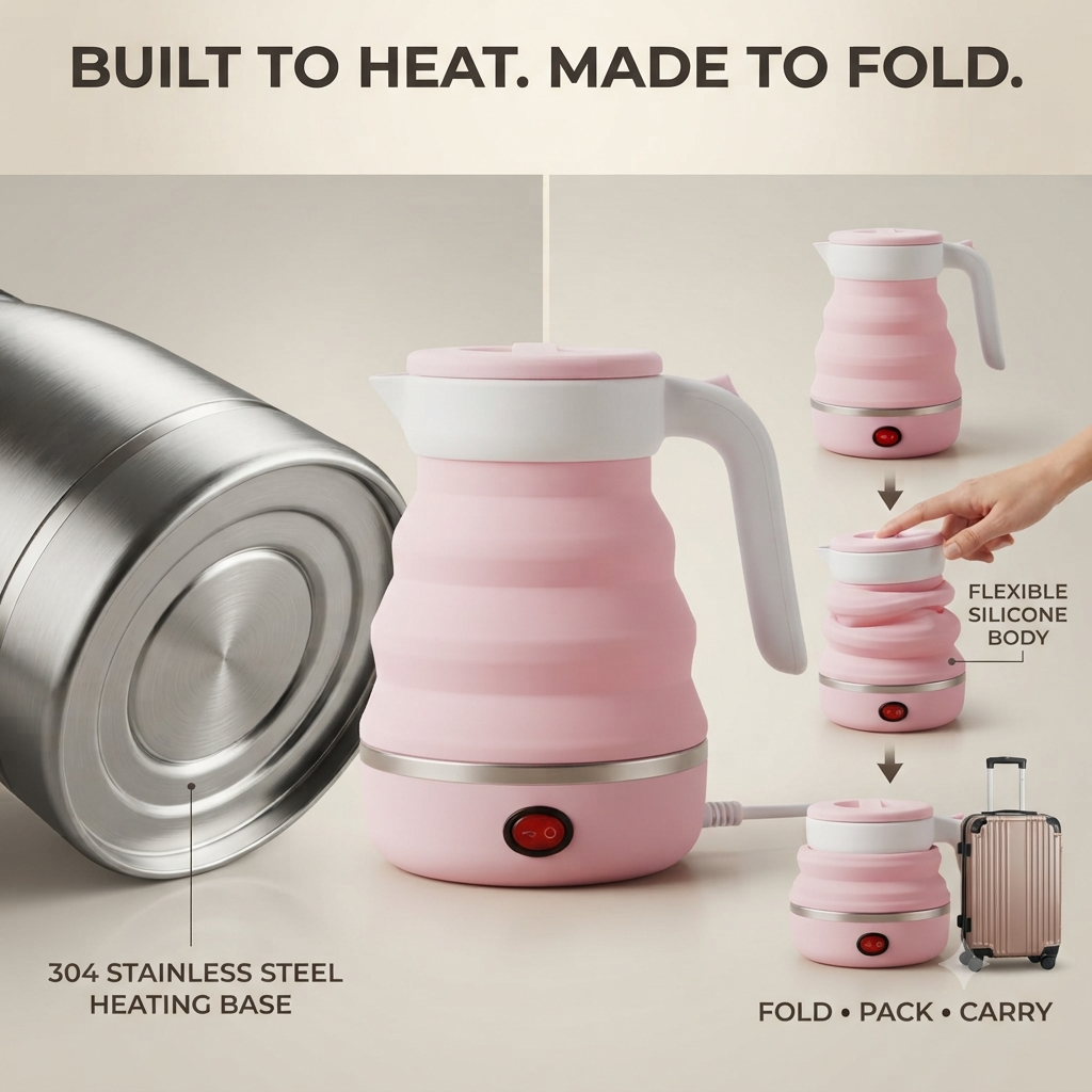 Pink foldable kettle fold sequence showing the flexible silicone body collapsing to pack into a suitcase