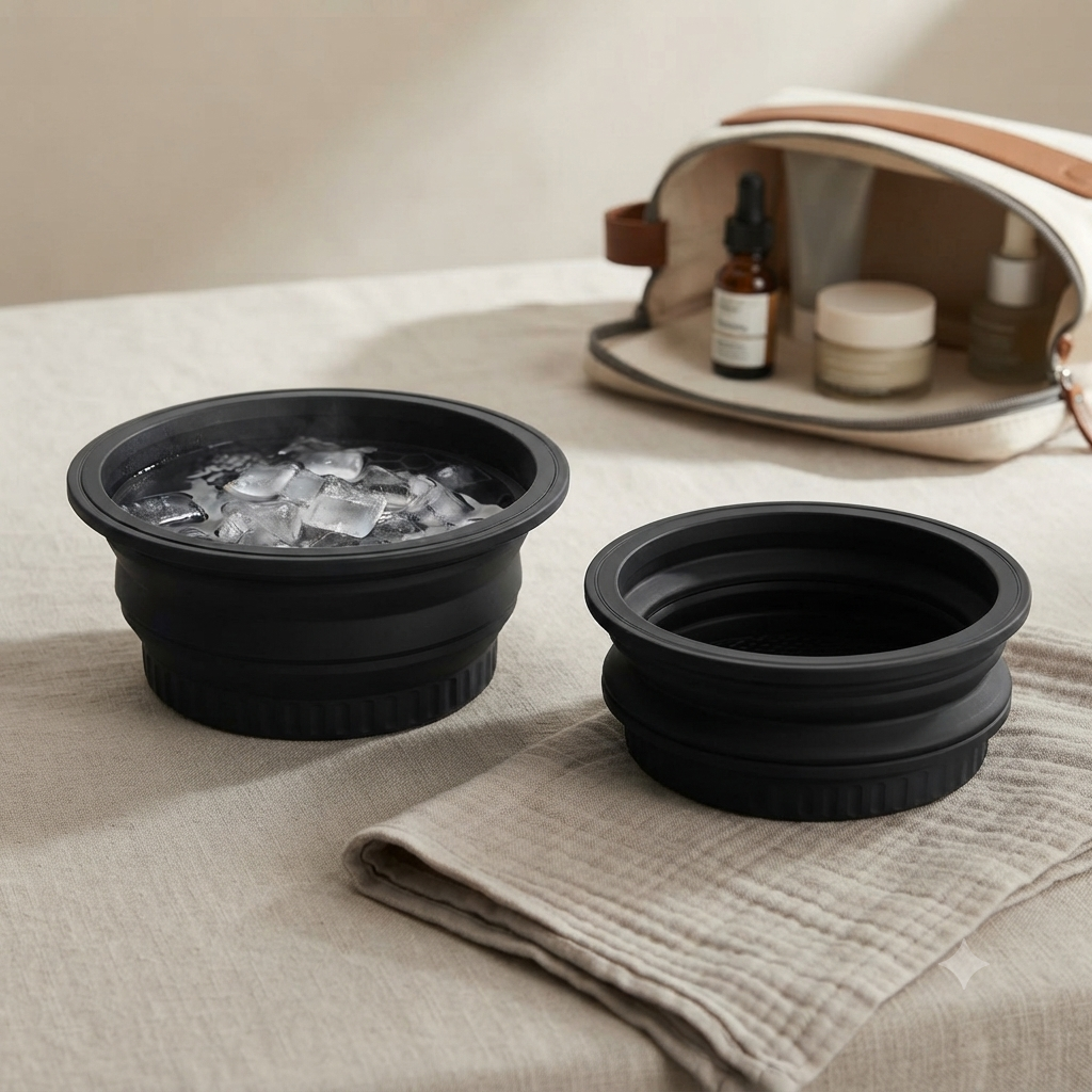 Silicone ice face bowl with ice water on a linen table next to a skincare bag and dropper bottle