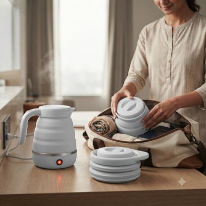 White foldable kettle being packed into a travel bag