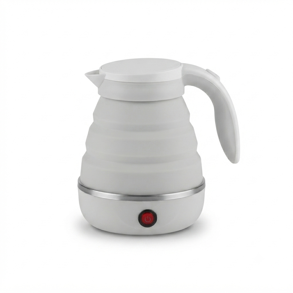 White electric foldable kettle on a plain background