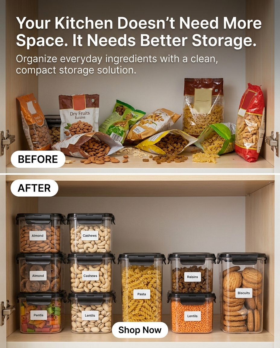 Before and after kitchen cabinet organization: loose grocery packets replaced with labeled 500ml airtight containers