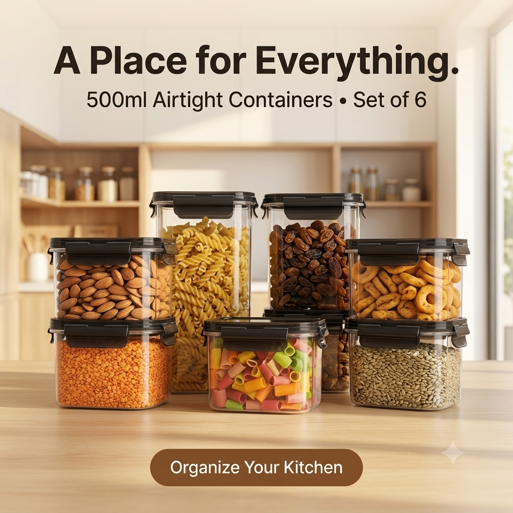 500ml airtight kitchen storage containers, set of 6, styled on a wooden counter with pasta, almonds, raisins and lentils