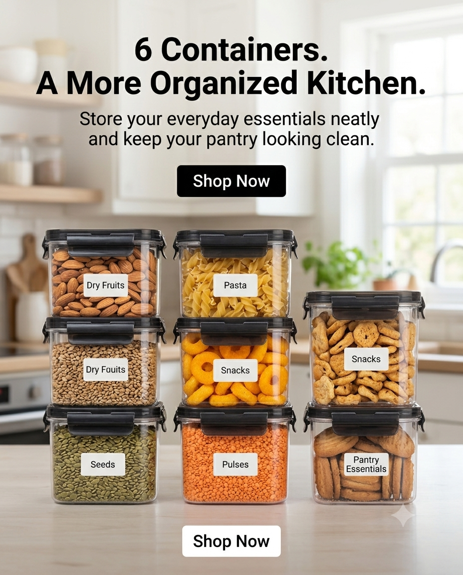 Labeled airtight containers for dry fruits, pasta, snacks, seeds and pulses, demonstrating kitchen pantry organization