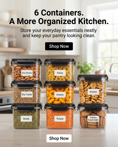 Labeled airtight containers for dry fruits, pasta, snacks, seeds and pulses, demonstrating kitchen pantry organization
