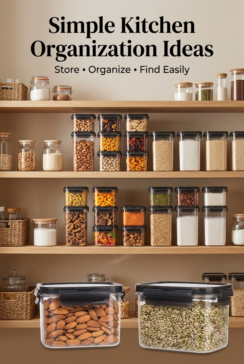 500ml airtight containers organized on a kitchen pantry shelf alongside glass storage jars
