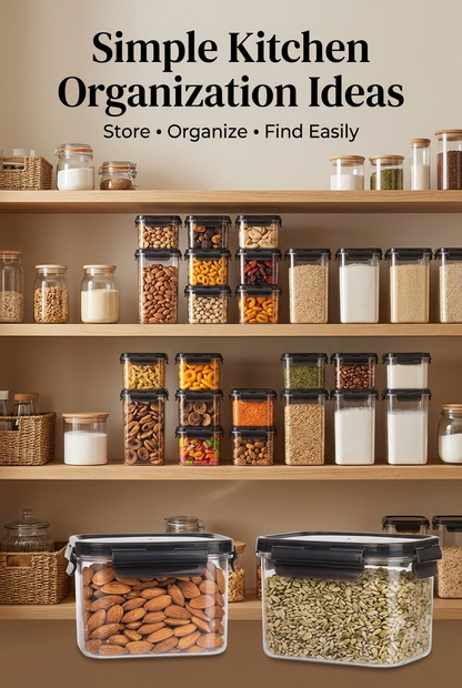 500ml airtight containers organized on a kitchen pantry shelf alongside glass storage jars