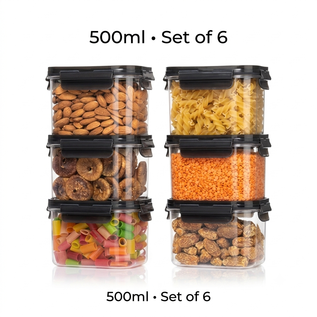 500ml airtight storage containers, set of 6, arranged in two rows on a white background