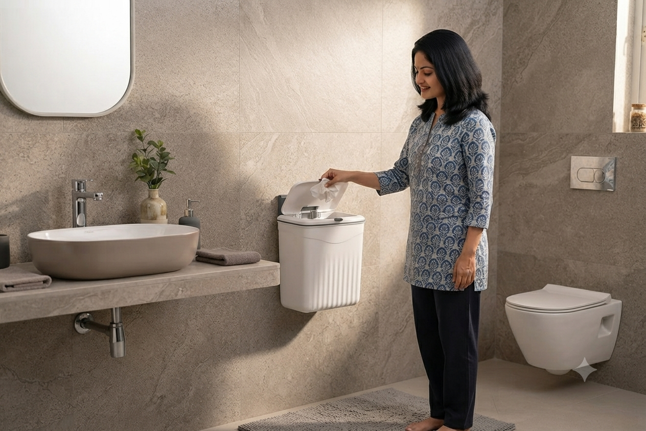 Before and after wall mounted dustbin space-saving setup
