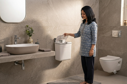 Before and after wall mounted dustbin space-saving setup