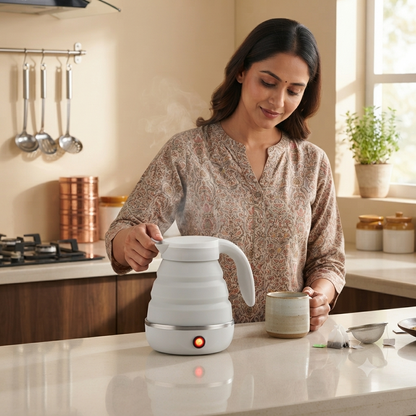 White electric foldable kettle pouring hot water in a kitchen