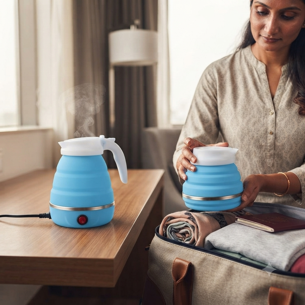 Blue foldable kettle folded for packing into a travel bag