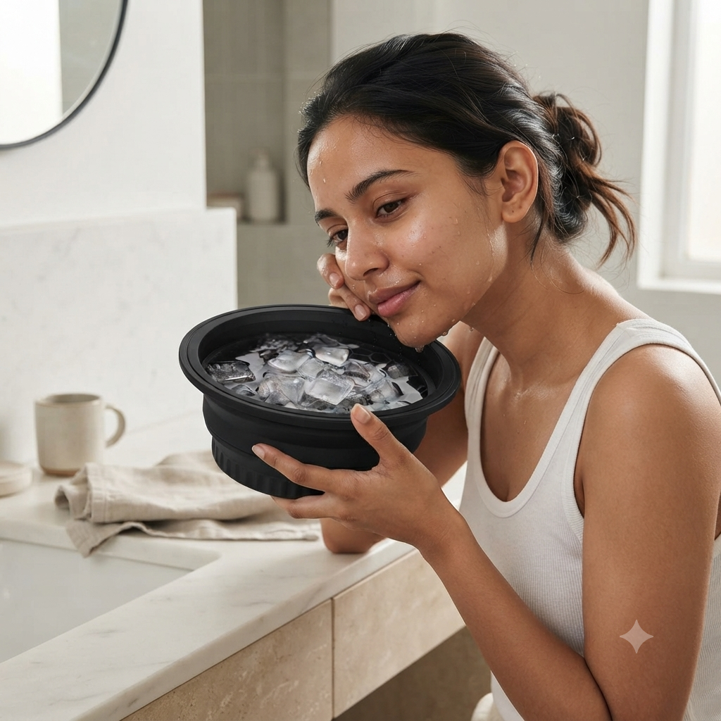 Woman holding the black silicone ice face bowl against her cheek during a facial icing routine