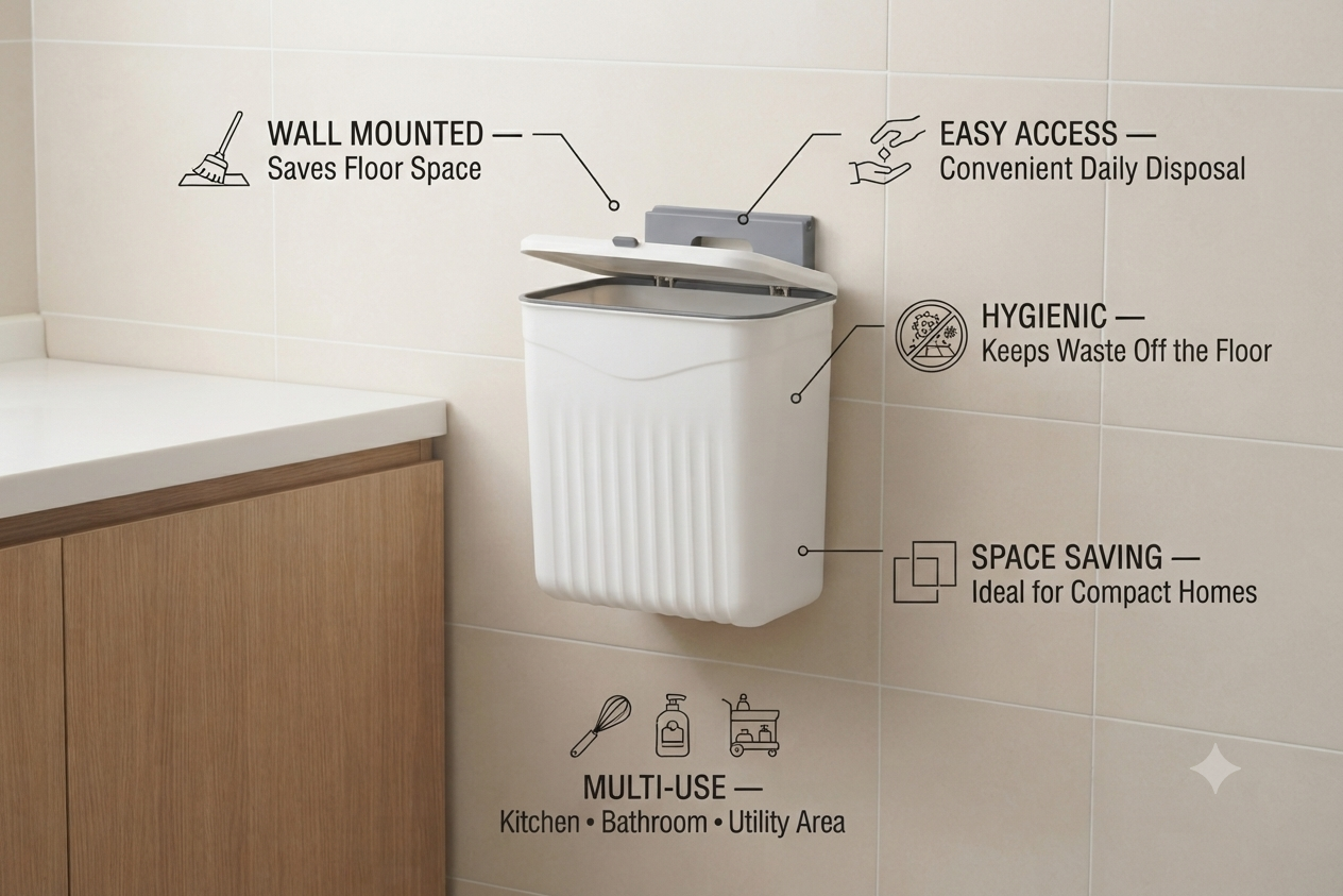 Wall mounted dustbin used in bathroom