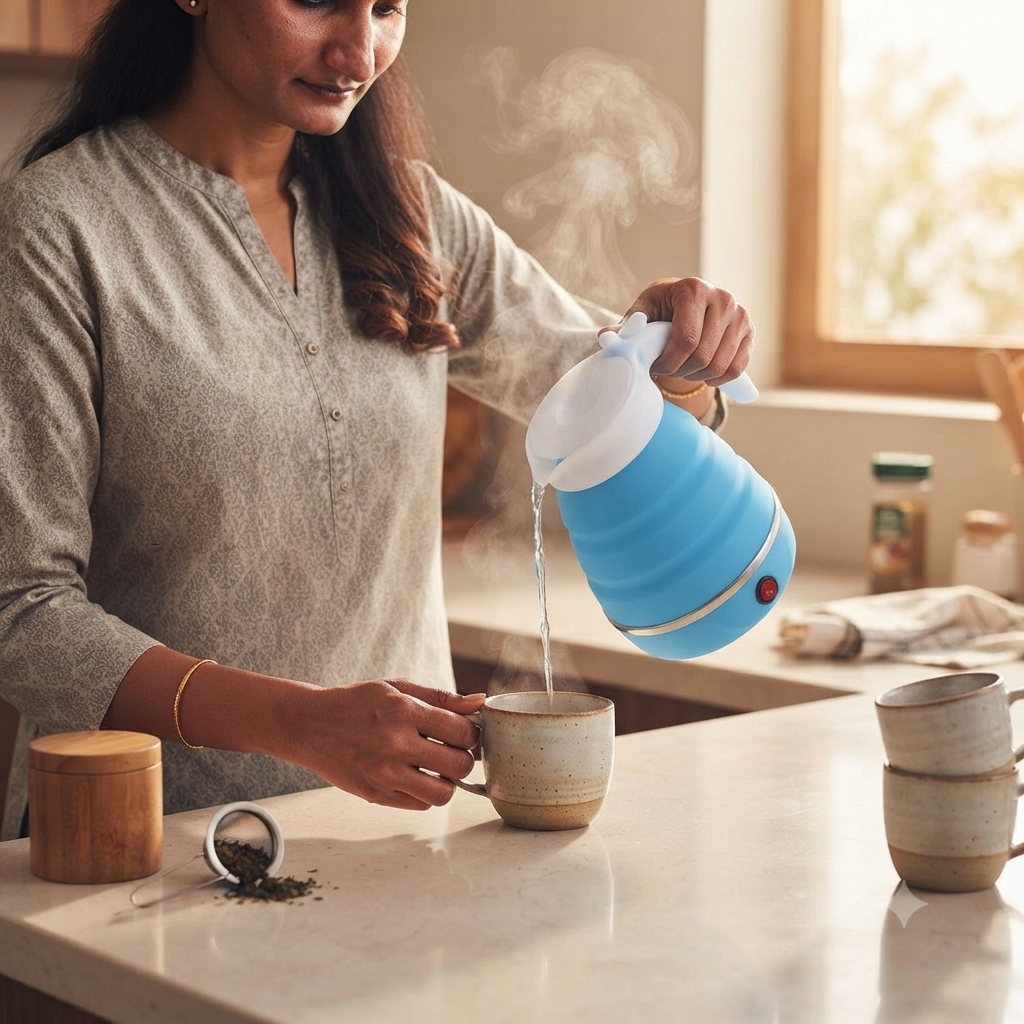 Blue portable foldable kettle for travel pouring hot water