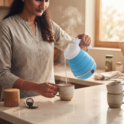 Blue portable foldable kettle for travel pouring hot water
