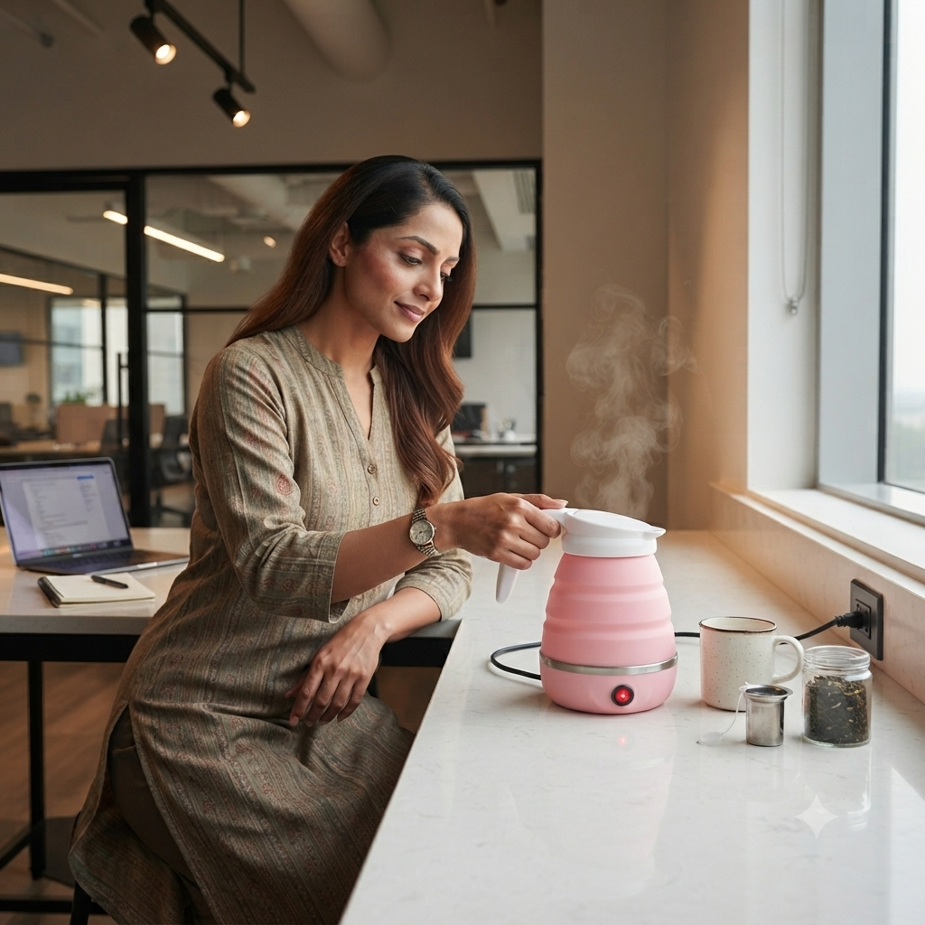 Pink portable foldable kettle for travel and office use