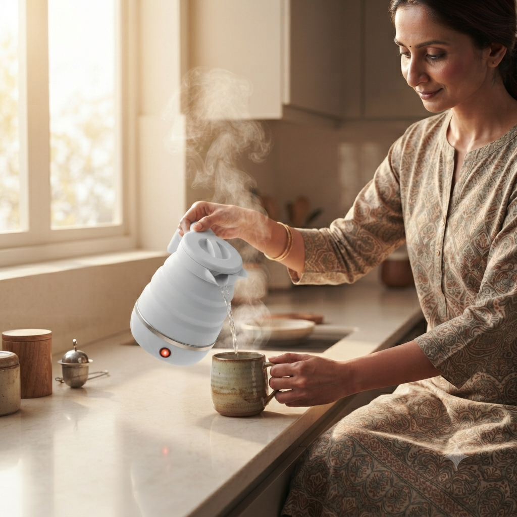 White electric foldable kettle pouring hot water into a mug in a home kitchen