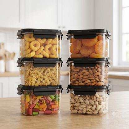 Six 500ml airtight kitchen storage containers on a wooden counter, filled with cereal rings, dried apricots, pasta, almonds and pistachios
