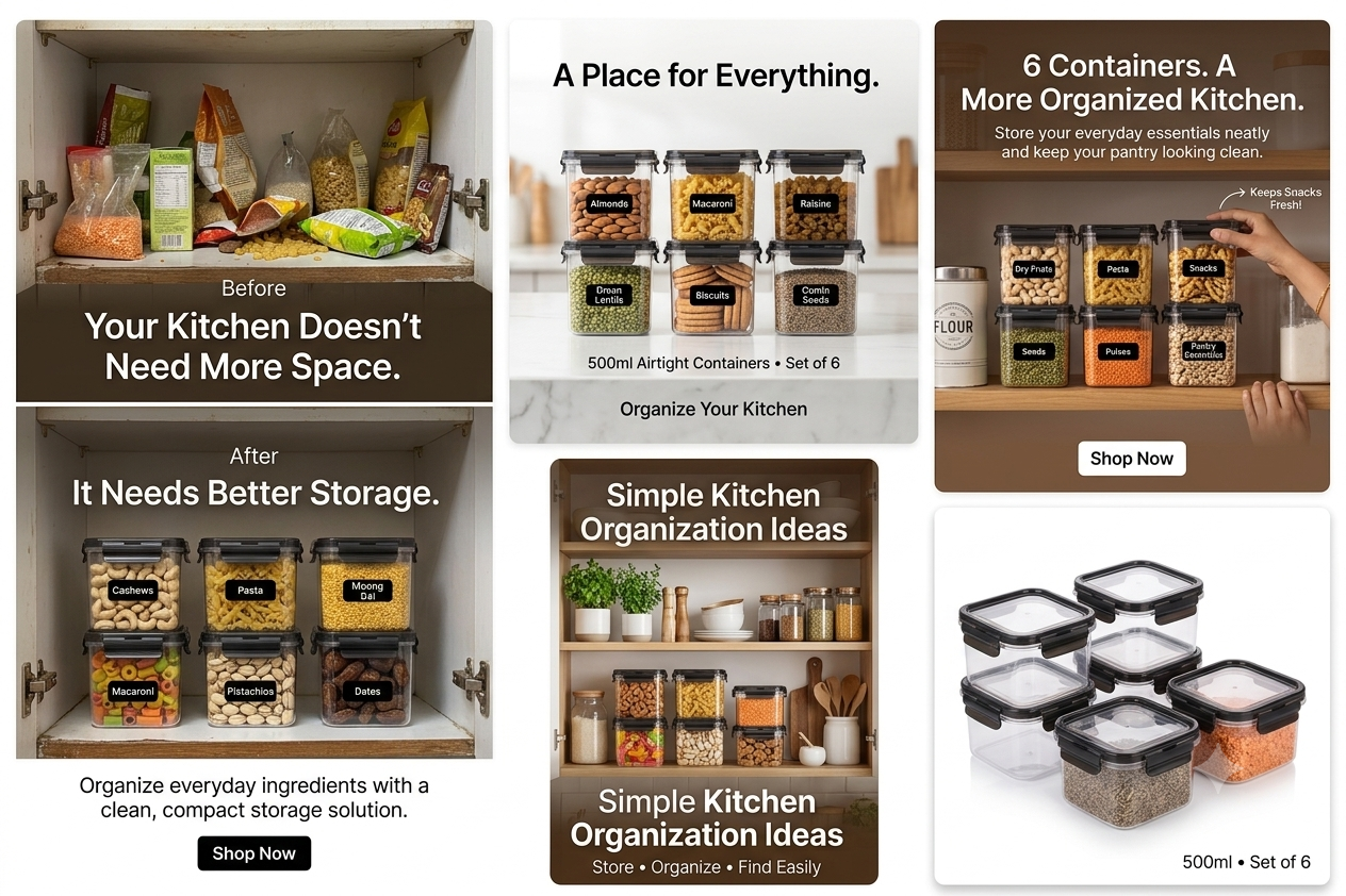 Collage of 500ml airtight container styling images showing kitchen organization, before-and-after storage and pantry shelf use