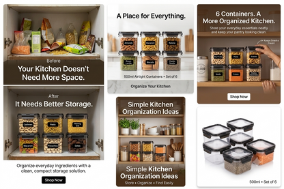 Collage of 500ml airtight container styling images showing kitchen organization, before-and-after storage and pantry shelf use