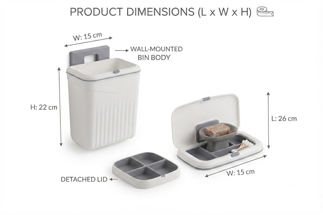Wall Mount Dustbin 7 Litre for Kitchen & Bathroom | Space-Saving Hanging Waste Bin size chart