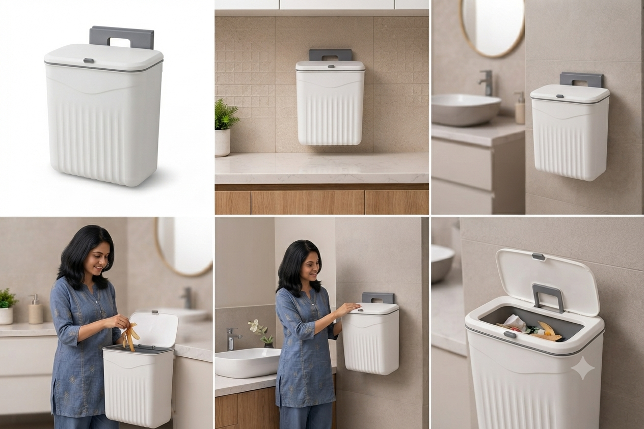 Wall mounted dustbin installed near kitchen cabinet